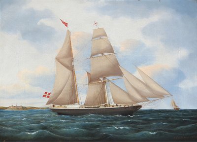Seascape with a Sailing Ship Johanne with Kronborg in the Background by Jens Thielsen Locher